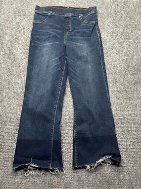Spanx Jeans Womens L Blue Cropped Flare Pull On Stretch Raw Hem 20231R